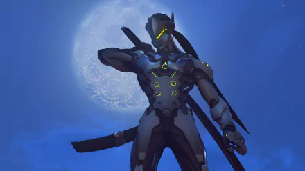 HD desktop wallpaper featuring Genji from Overwatch standing confidently with his sword against a moonlit sky backdrop.