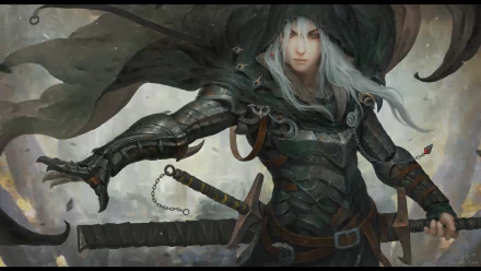 A captivating HD desktop wallpaper featuring a character from the comic Sin of Human, clad in dark armor with a sword, exuding a powerful and mystical aura.