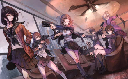 An HD anime wallpaper featuring a group of stylish characters in a dramatic setting, each holding weapons, set against a backdrop of a modern interior and dynamic lighting.