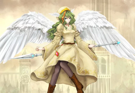 HD PC wallpaper of Jure Of Healing from Elona game, featuring an angelic character with green hair, blue eyes, white wings, a staff, boots, pantyhose, hat, and ornate dress.