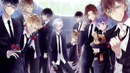 HD desktop wallpaper and background featuring characters from the anime Diabolik Lovers, showcasing nine characters dressed in suits, each holding a rose or other item, in a stylish and atmospheric setting.