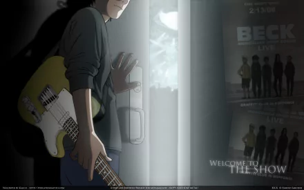 A character from the anime Beck stands holding a guitar near a door, with posters in the background. A moody, artistic HD wallpaper featuring musical themes.