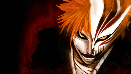 Hollow Ichigo from the anime Bleach, featuring his striking orange hair and distinctive mask, set against a dark, intense background. High-definition desktop wallpaper.