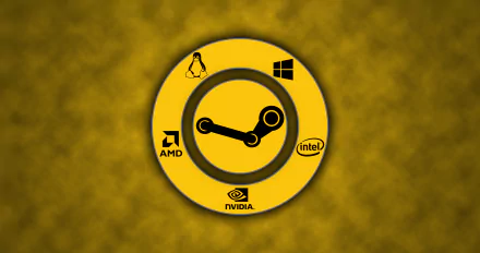 A 4K Ultra HD desktop wallpaper featuring the Steam logo surrounded by icons representing Nvidia, Intel, AMD, Windows, and Linux, showcasing modern technology themes.