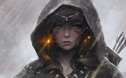 HD fantasy-themed desktop wallpaper featuring a mysterious woman in a hooded cloak with intense eyes and a quiver of arrows on her back.