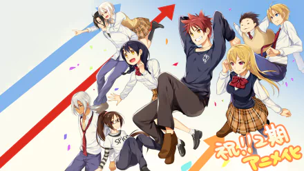 Vibrant HD wallpaper featuring characters from Food Wars: Shokugeki no Soma, including Sōma Yukihira, Erina Nakiri, and others, celebrating in an energetic pose.