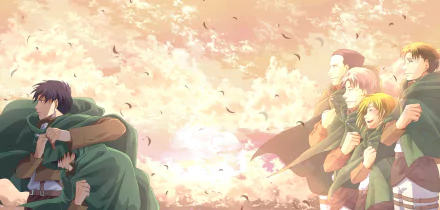 A vibrant HD wallpaper featuring characters from Attack on Titan, including Gunther Schultz, Eld Jinn, Oluo Bozado, Petra Ral, Levi Ackerman, and Eren Yeager, set against a stunning sunset backdrop.