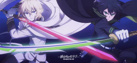 Mikaela and Yūichirō Hyakuya from Seraph of the End face off, wielding vibrant swords in this dynamic HD anime wallpaper.