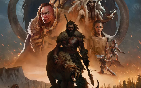 HD PC desktop wallpaper from the video game Far Cry Primal featuring a saber-toothed tiger and tribal warriors in a dramatic prehistoric setting.