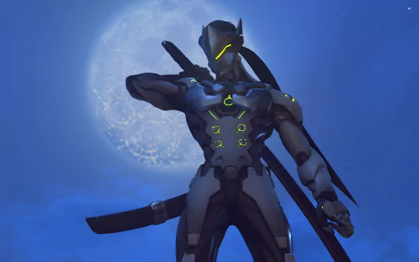 HD desktop wallpaper featuring Genji from Overwatch standing confidently with his sword against a moonlit sky backdrop.
