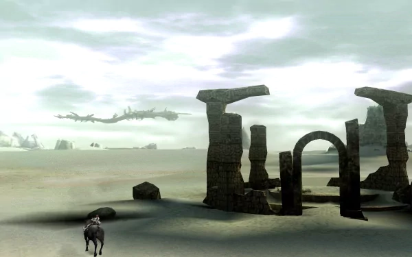 A solitary horse stands near ancient ruins in a desolate landscape, evoking the haunting beauty of the video game Shadow of the Colossus. Dramatic clouds fill the sky above.
