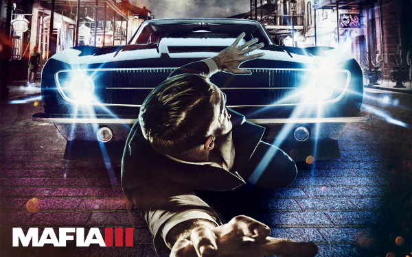 A dynamic HD wallpaper from Mafia III features a dramatic scene with a man reaching out as a classic car’s headlights shine brightly, capturing the game's intense atmosphere.