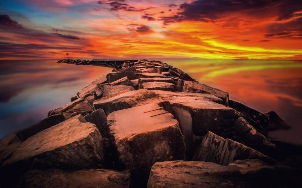 Man Made Pier Earth Sunset Ocean Sky orange Horizon HD Wallpaper | Background Image
