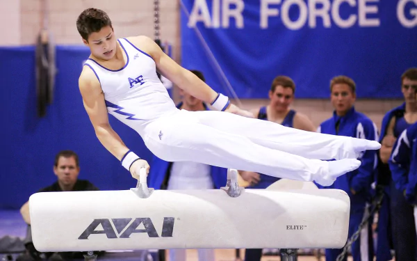  Male gymnasts from the air force on the pommel horse by skeeze