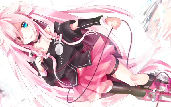 HD anime wallpaper of IA from Vocaloid with long pink hair, blue eyes, wearing a dress, skirt, thigh highs, holding a microphone.