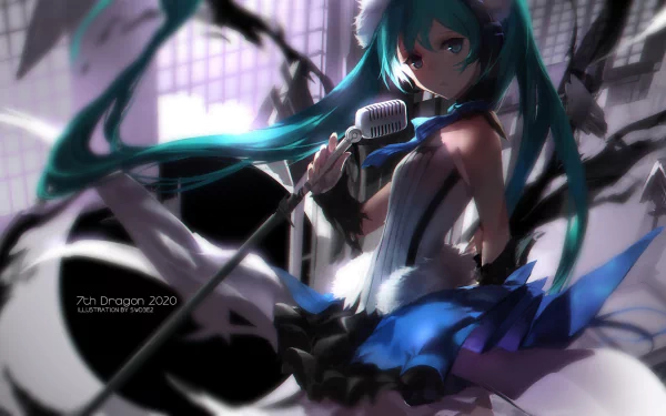 HD anime wallpaper featuring Hatsune Miku with long blue twin-tailed hair, blue eyes, wearing a dress, and holding a microphone in a dynamic pose.
