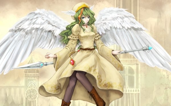 Video Game Elona Jure Of Healing Long Hair Green Hair Wings Pantyhose Angel Hat Dress Staff Boots Blue Eyes HD Wallpaper | Background Image