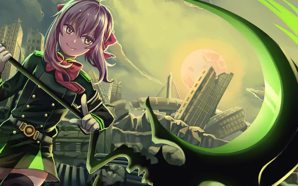 HD wallpaper featuring Shinoa Hīragi from the anime Seraph of the End, showcasing her with a scythe against a post-apocalyptic backdrop and a glowing moon.