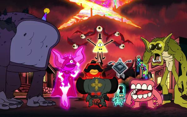HD wallpaper of the TV show Gravity Falls, featuring iconic characters in a vibrant, dramatic scene with a glowing sky and surreal creatures in the foreground.