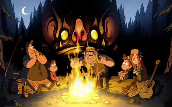 HD wallpaper featuring characters from the TV show Gravity Falls gathered around a campfire, with a mysterious creature looming in the background under a starlit sky.