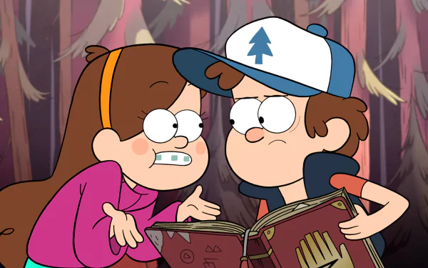 Mabel and Dipper Pines from the TV show *Gravity Falls* examine a mysterious book in this vibrant HD desktop wallpaper, capturing their adventurous spirit in a forest setting.