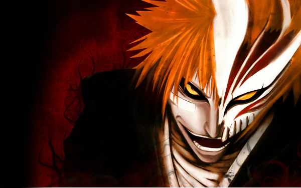 Hollow Ichigo from the anime Bleach, featuring his striking orange hair and distinctive mask, set against a dark, intense background. High-definition desktop wallpaper.