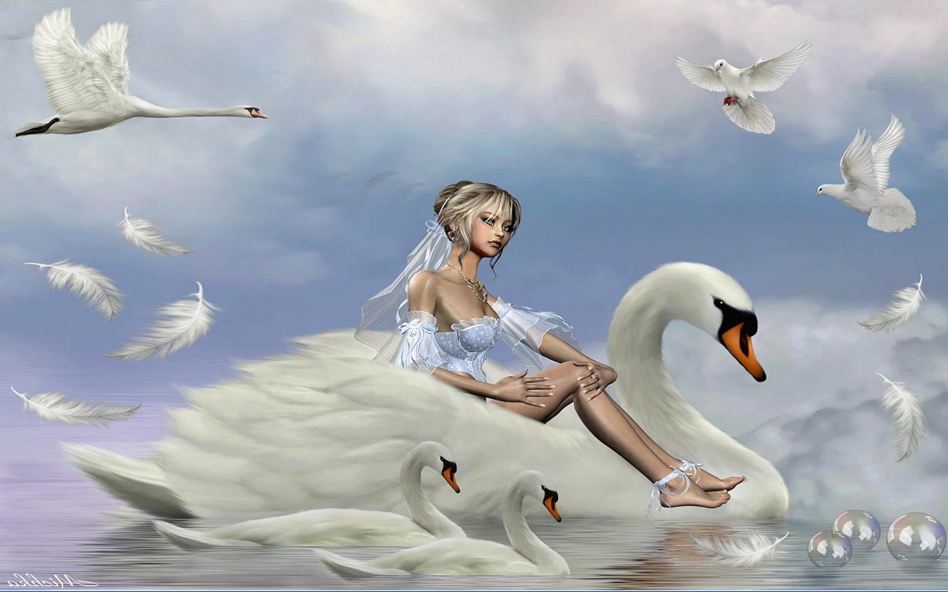 Download Bird Feather Swan Fantasy Woman Hd Wallpaper