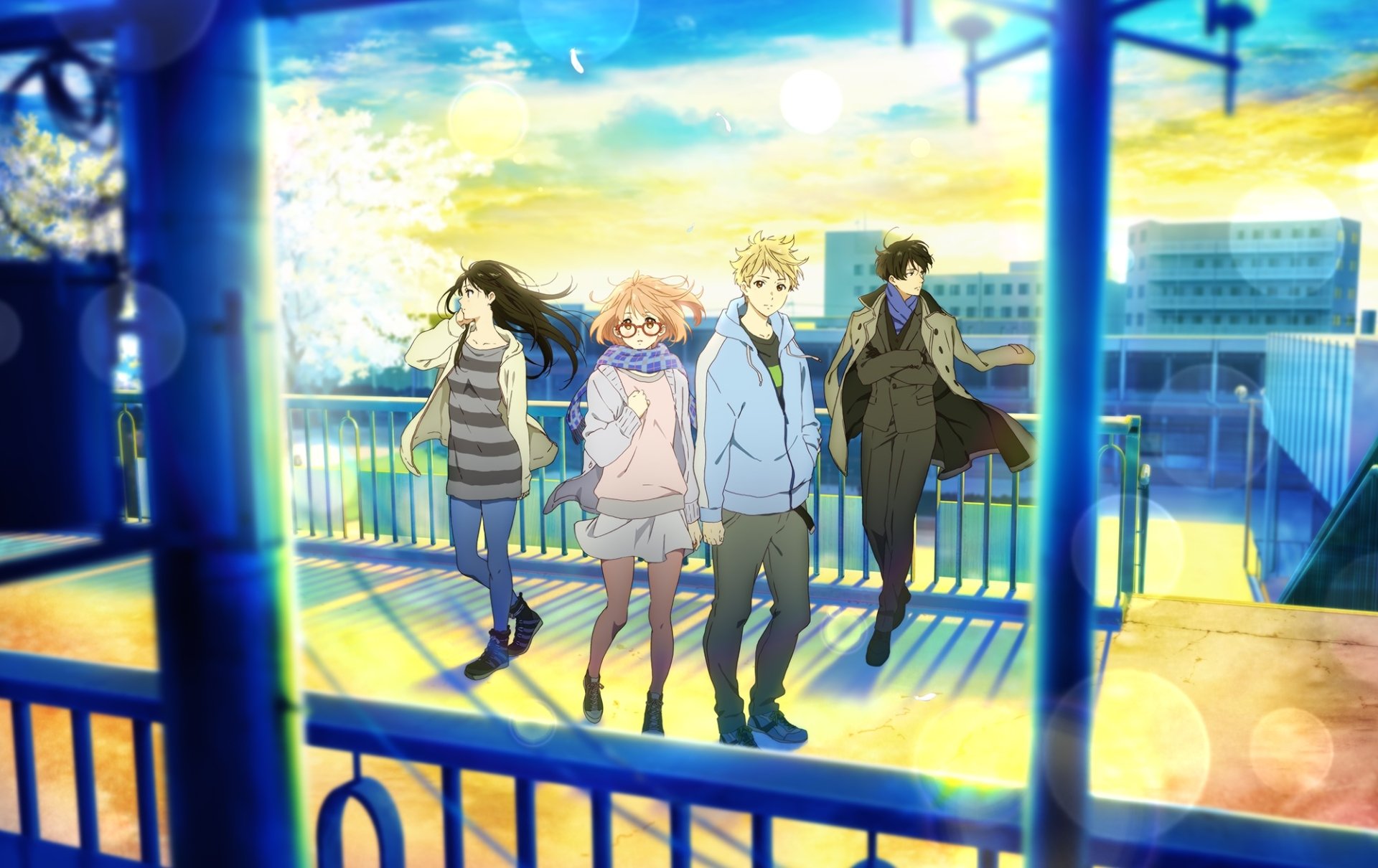 A vibrant HD wallpaper featuring characters Hiroomi Nase, Mitsuki Nase, Akihito Kanbara, and Mirai Kuriyama from the anime Beyond the Boundary, set against a colorful sunset backdrop.