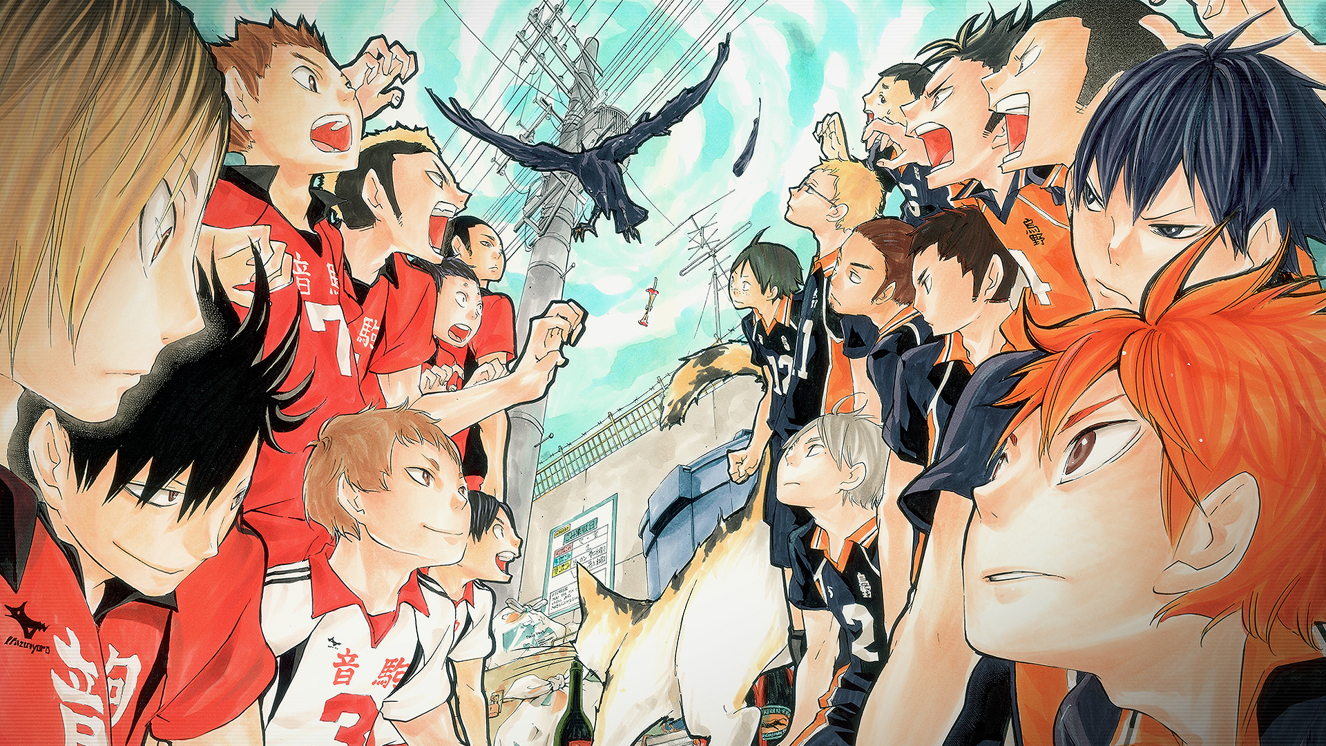 HD wallpaper featuring intense standoff between Karasuno High and Nekoma High volleyball teams from the anime Haikyū!!, created by Haruichi Furudate.