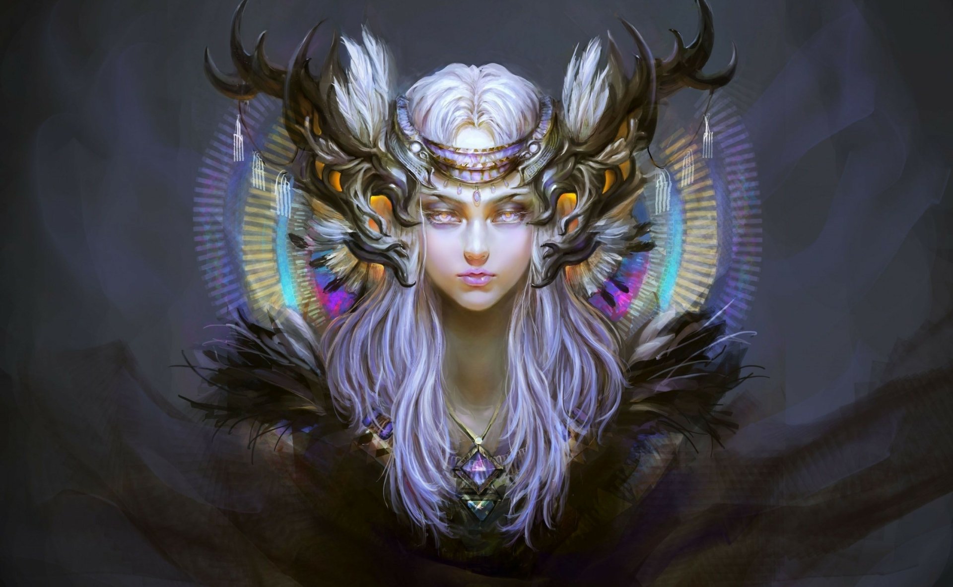 A fantasy-themed HD desktop wallpaper featuring a woman with striking white hair and ornate horns, exuding a mystical aura accentuated by vibrant details.