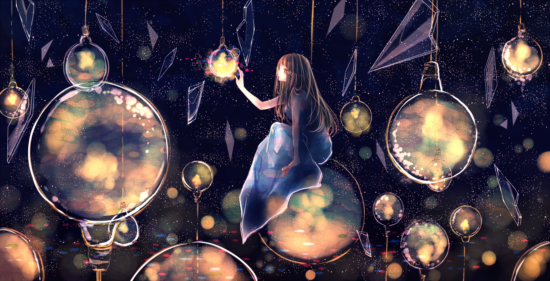 A mesmerizing anime artwork featuring a girl surrounded by ethereal orbs and geometric shapes, set against a starry background. An HD PC desktop wallpaper and background piece.