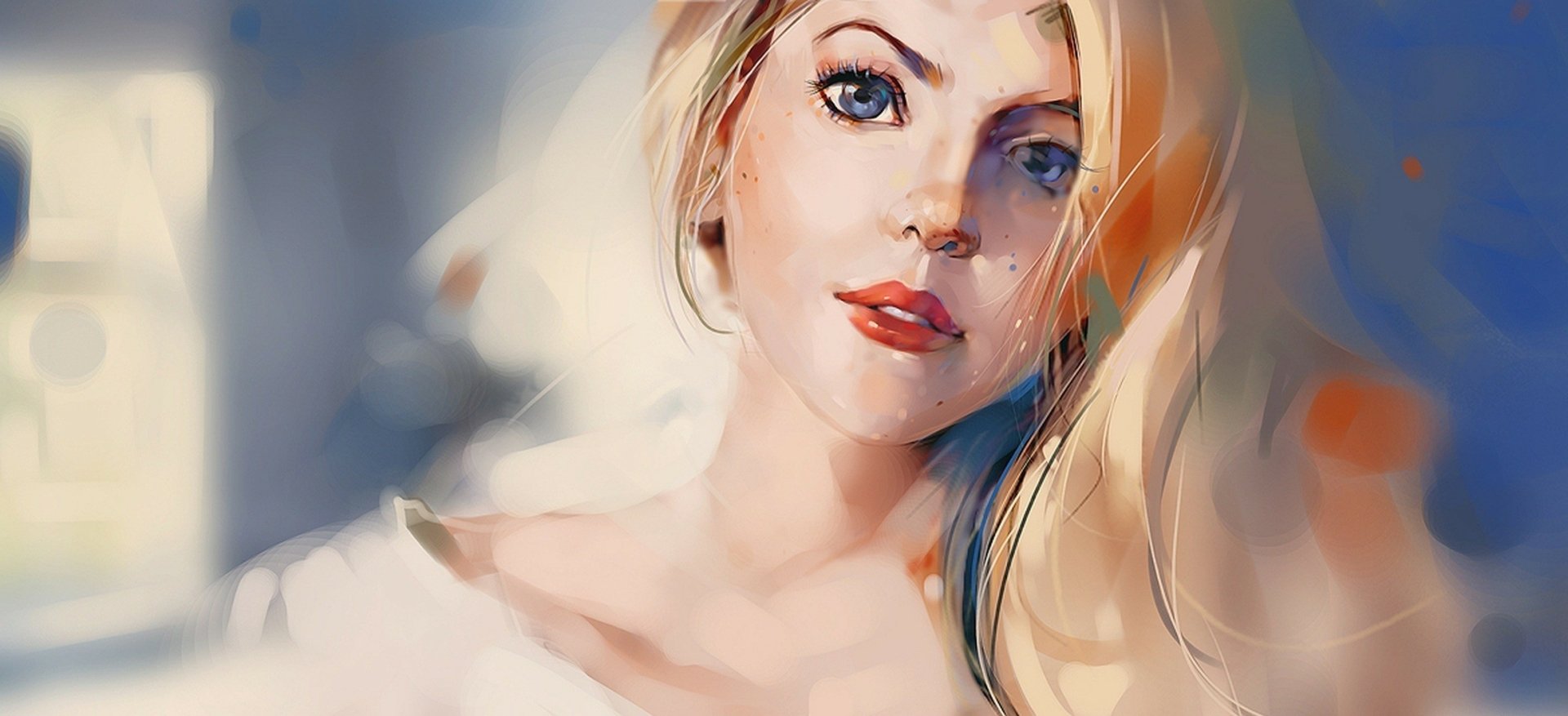 Artistic HD wallpaper featuring a face with blue eyes and blonde hair. The soft, vibrant colors enhance the beautifully drawn portrait, adding an elegant touch to any background.