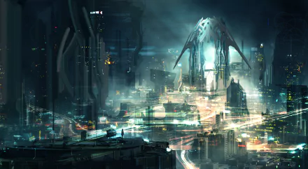 HD desktop wallpaper of a futuristic cityscape featuring towering buildings and sci-fi structures under a moody, illuminated night sky.