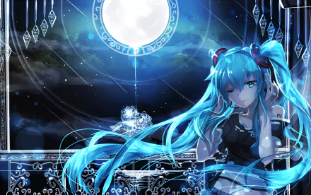 HD desktop wallpaper featuring Hatsune Miku from the Anime Vocaloid, gazing thoughtfully in front of a glowing full moon with intricate, luminescent details in the background.