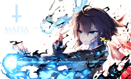 A striking HD desktop wallpaper from Pixiv Fantasia T, featuring an anime character wielding blue energy amidst swirling dark elements, with the word MAFIA in the corner.