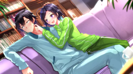 HD desktop wallpaper featuring anime characters Komachi and Hachiman Hikigaya from My Teen Romantic Comedy SNAFU, relaxing together on a couch.