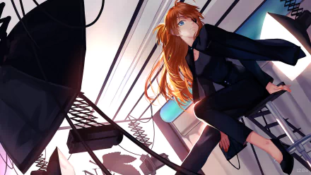 HD PC desktop wallpaper featuring Asuka Langley Sohryu from the anime Evangelion: 3.0 You Can (Not) Redo in a dynamic pose with striking lighting and modern background.