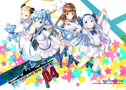 Colorful HD wallpaper featuring characters Haruna, Amaha Kotono, Yotarou, Takao, Kirishima, and Iona from Arpeggio of Blue Steel, surrounded by vibrant star patterns.