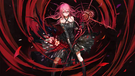 HD desktop wallpaper featuring Inori Yuzuriha from the anime Guilty Crown, with a dramatic background of swirling red and black elements.