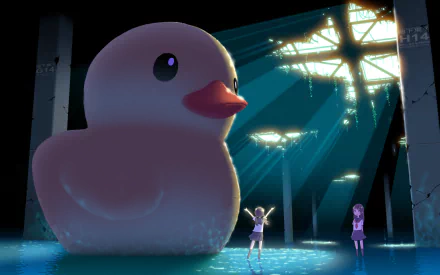 Anime-style HD PC desktop wallpaper featuring an original scene with a giant rubber duck in a dark, water-filled industrial setting illuminated by beams of light.