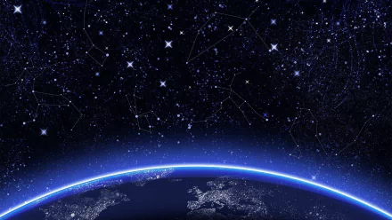 HD PC desktop wallpaper showing a glowing Earth horizon beneath a starry night sky filled with visible constellations, blending space and nature elements.