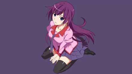 Hitagi Senjōgahara from the Monogatari series kneeling with long purple hair, wearing a pink and purple school uniform on a plain purple background in 4K Ultra HD.