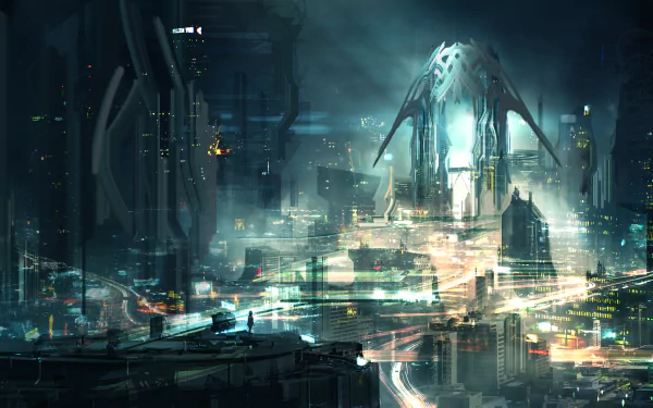 HD desktop wallpaper of a futuristic cityscape featuring towering buildings and sci-fi structures under a moody, illuminated night sky.