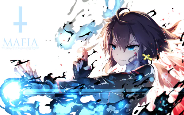 A striking HD desktop wallpaper from Pixiv Fantasia T, featuring an anime character wielding blue energy amidst swirling dark elements, with the word MAFIA in the corner.
