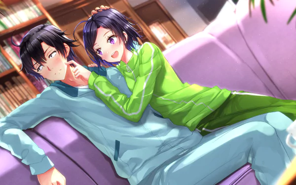 HD desktop wallpaper featuring anime characters Komachi and Hachiman Hikigaya from My Teen Romantic Comedy SNAFU, relaxing together on a couch.
