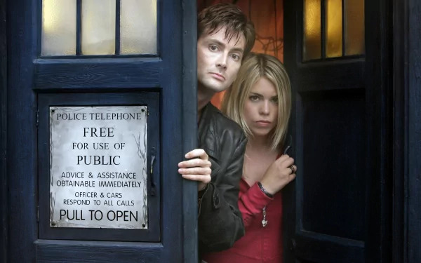 A captivating HD desktop wallpaper from Doctor Who (2005) featuring the Doctor and Rose peering out from the iconic TARDIS doorway.