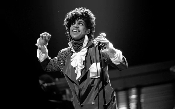 Black and white HD desktop wallpaper featuring American singer Prince smiling confidently on stage during a music performance.