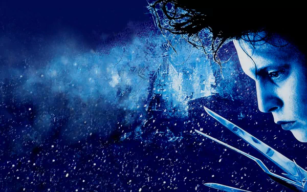 HD desktop wallpaper featuring Johnny Depp as Edward Scissorhands against a dark, snowy blue background with his iconic scissor hand blades prominently visible.