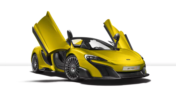 Yellow McLaren 675LT supercar with scissor doors open, showcased as a 4K Ultra HD PC desktop wallpaper and background.