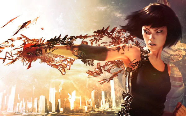 HD PC wallpaper featuring Faith Connors from the video game Mirror’s Edge Catalyst in an action pose against a cityscape background.